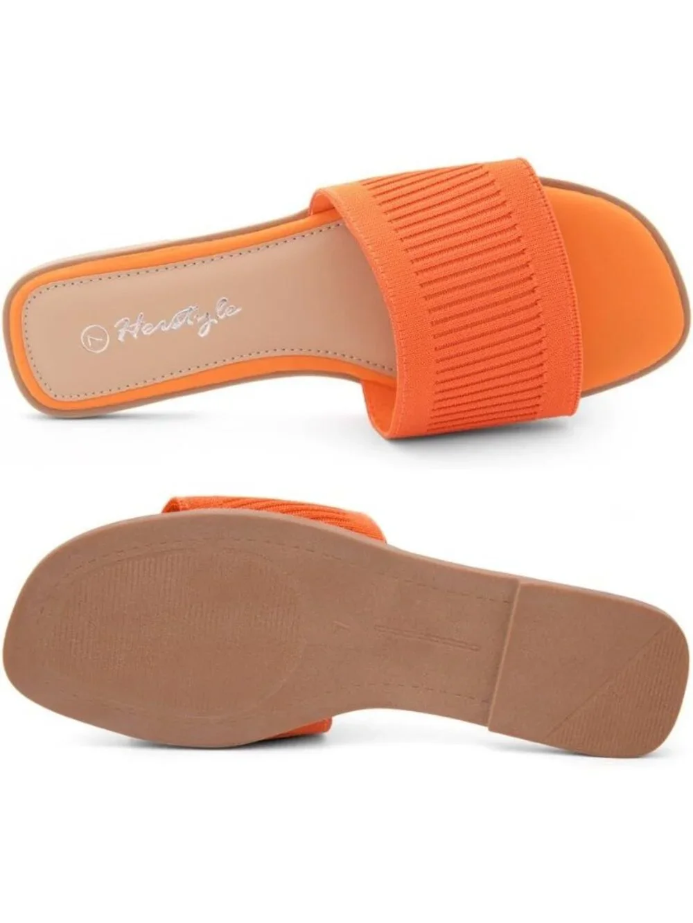 Women's Orangekn Knit Slides Flats Square Open Toe Slip On Dressy Summer Shoes